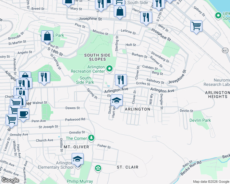 map of restaurants, bars, coffee shops, grocery stores, and more near 2233 Arlington Avenue in Pittsburgh