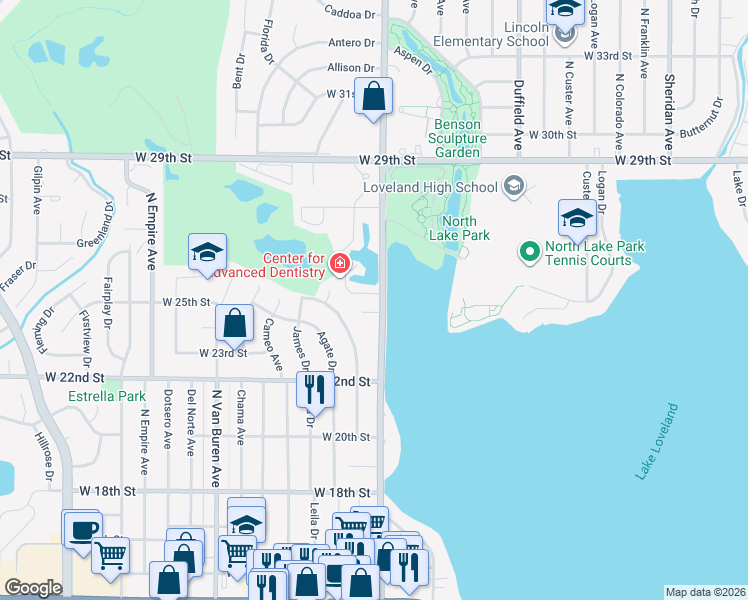 map of restaurants, bars, coffee shops, grocery stores, and more near 2515 North Taft Avenue in Loveland