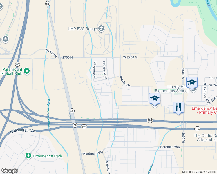 map of restaurants, bars, coffee shops, grocery stores, and more near 2420 North Alesund Way in Eagle Mountain