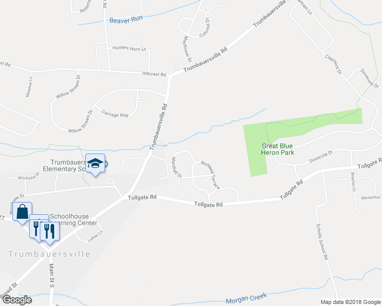 map of restaurants, bars, coffee shops, grocery stores, and more near 2595 Marshall Drive in Quakertown