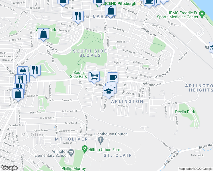 map of restaurants, bars, coffee shops, grocery stores, and more near 2310 Arlington Avenue in Pittsburgh