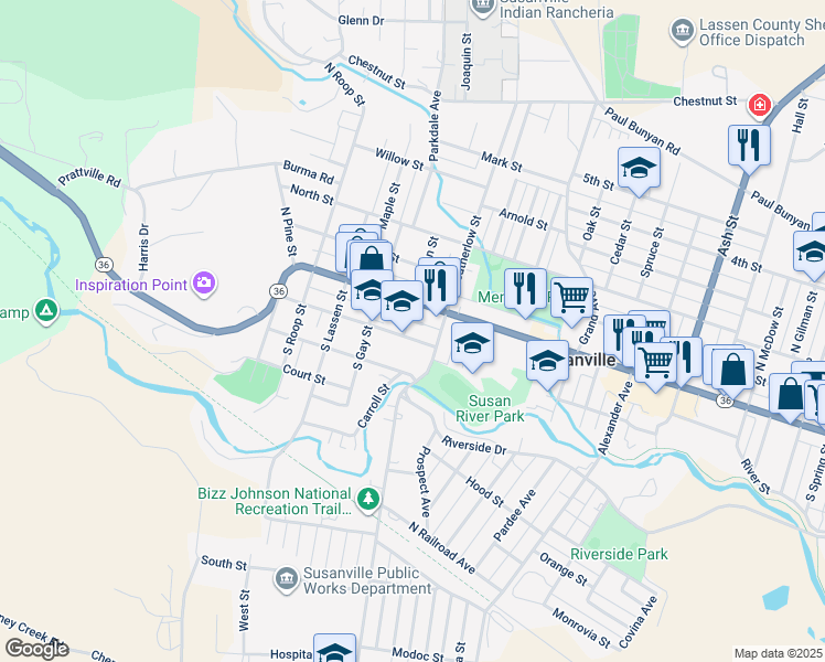 map of restaurants, bars, coffee shops, grocery stores, and more near 807 Cottage Street in Susanville