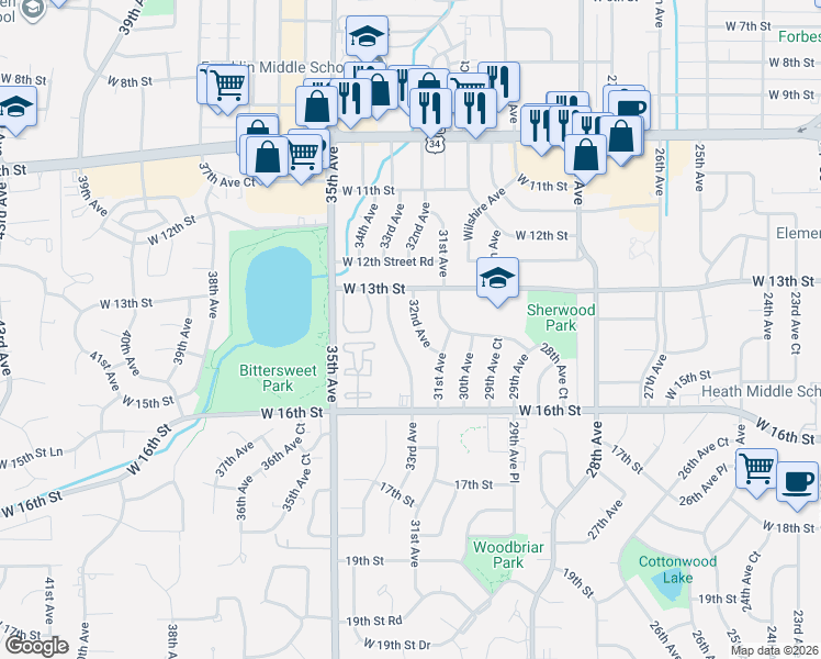 map of restaurants, bars, coffee shops, grocery stores, and more near 1320 32nd Avenue in Greeley