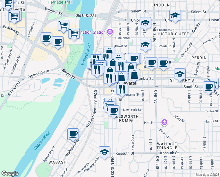 map of restaurants, bars, coffee shops, grocery stores, and more near 2 North 4th Street in Lafayette