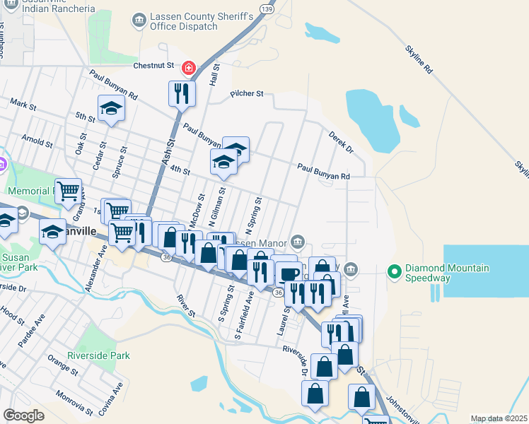 map of restaurants, bars, coffee shops, grocery stores, and more near in Susanville