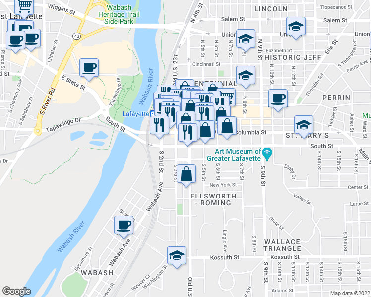 map of restaurants, bars, coffee shops, grocery stores, and more near 2 South 4th Street in Lafayette
