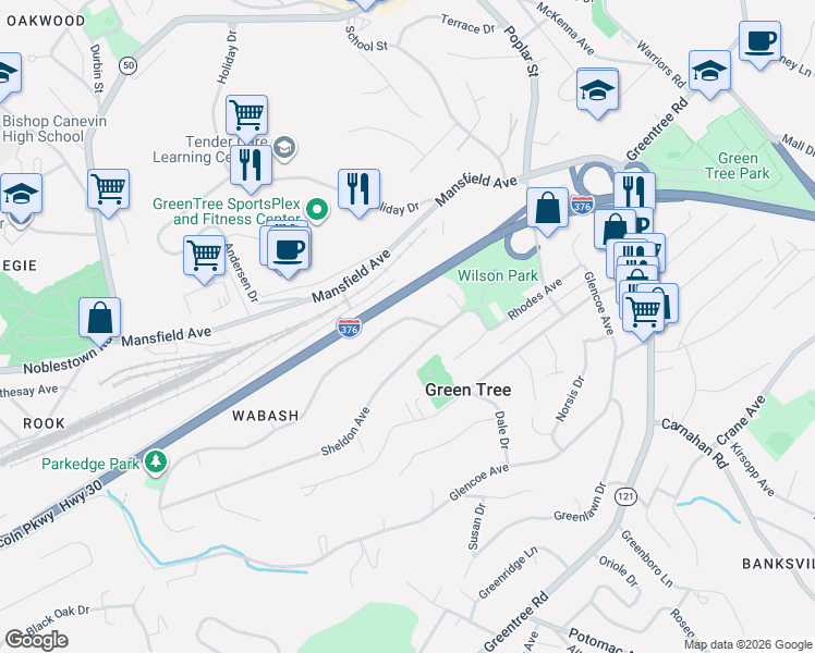 map of restaurants, bars, coffee shops, grocery stores, and more near 120 Parkedge Road in Pittsburgh