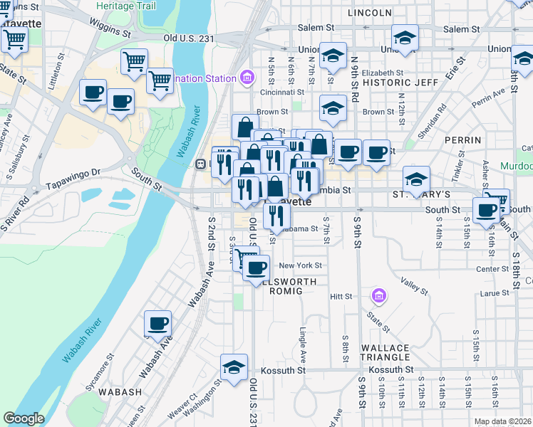 map of restaurants, bars, coffee shops, grocery stores, and more near 500E South Street in Lafayette