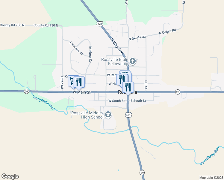 map of restaurants, bars, coffee shops, grocery stores, and more near 55-57 West North Street in Rossville