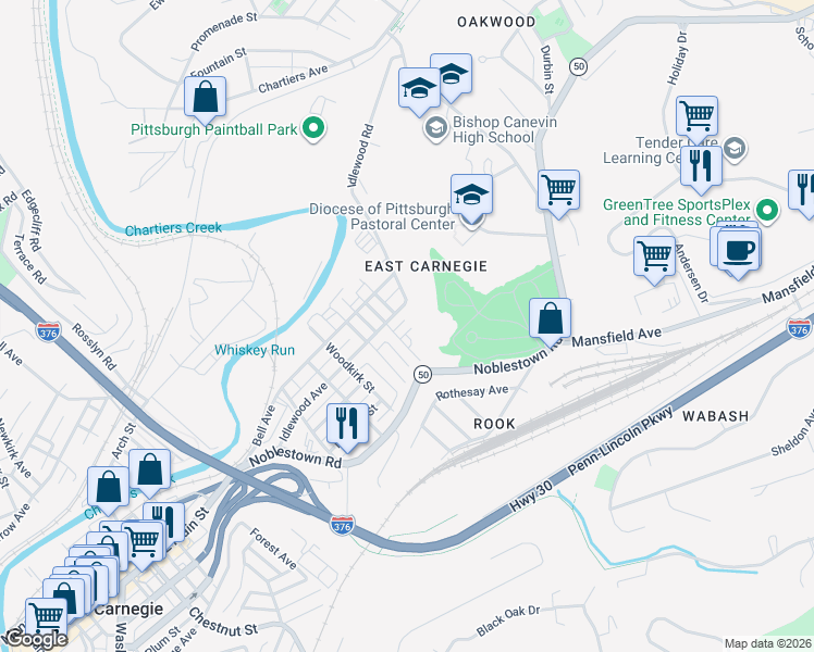 map of restaurants, bars, coffee shops, grocery stores, and more near 1017 Idlewood Avenue in Carnegie