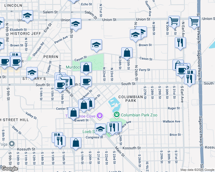 map of restaurants, bars, coffee shops, grocery stores, and more near 2120 South Street in Lafayette