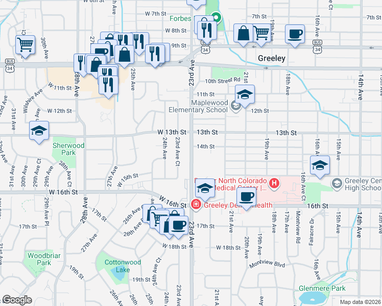 map of restaurants, bars, coffee shops, grocery stores, and more near in Greeley