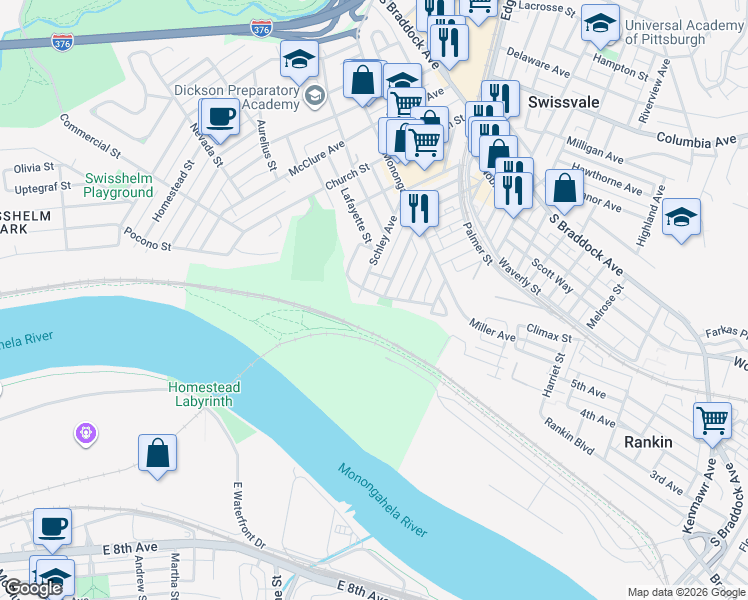 map of restaurants, bars, coffee shops, grocery stores, and more near 7217 Schley Avenue in Pittsburgh