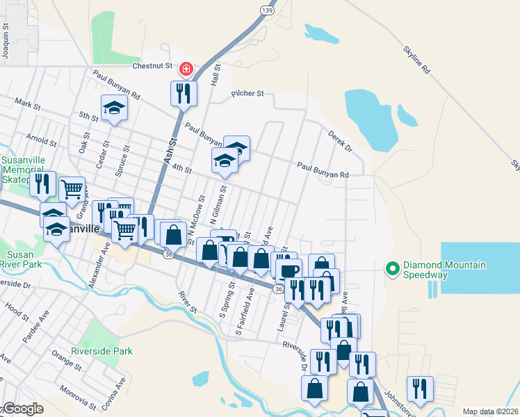 map of restaurants, bars, coffee shops, grocery stores, and more near 335 North Spring Street in Susanville