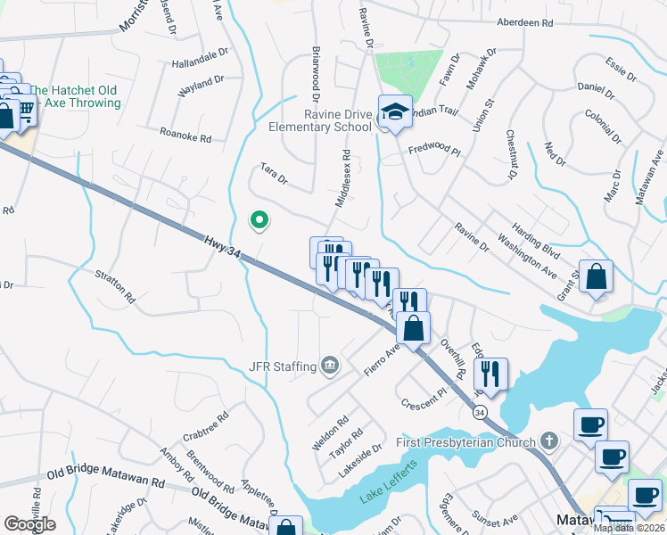 map of restaurants, bars, coffee shops, grocery stores, and more near 31 Middlesex Road in Matawan