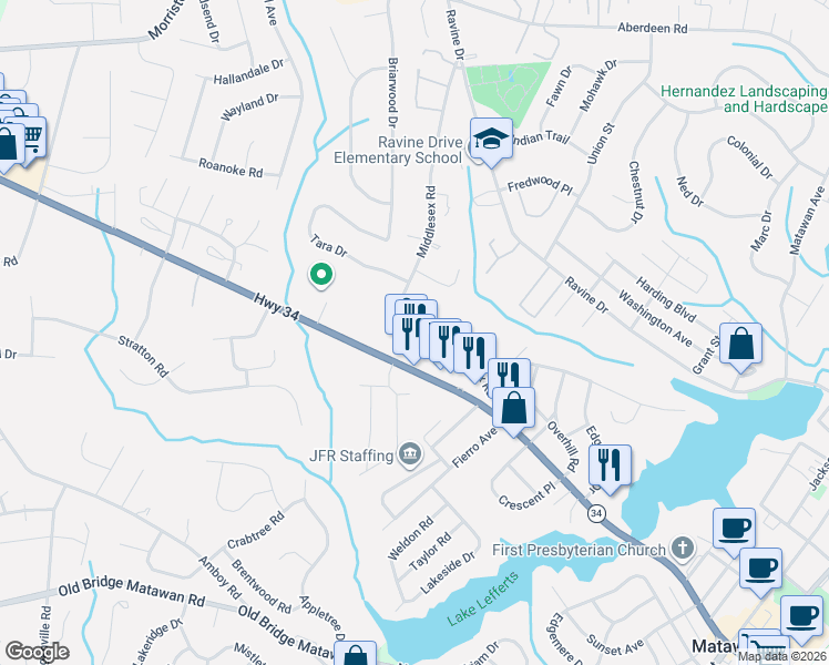 map of restaurants, bars, coffee shops, grocery stores, and more near 31 Middlesex Road in Matawan