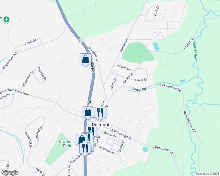 map of restaurants, bars, coffee shops, grocery stores, and more near 222 Aurora Street in Delmont