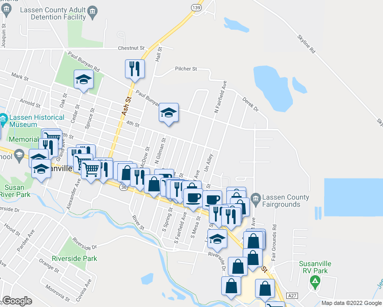 map of restaurants, bars, coffee shops, grocery stores, and more near 337 North Spring Street in Susanville