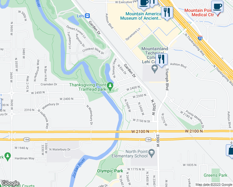 map of restaurants, bars, coffee shops, grocery stores, and more near 2664 West 2400 North in Lehi