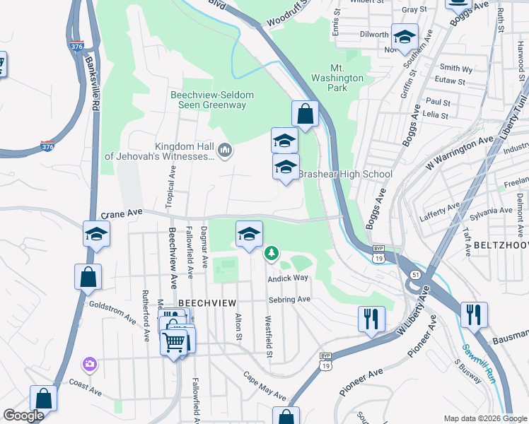 map of restaurants, bars, coffee shops, grocery stores, and more near 596 Crane Avenue in Pittsburgh