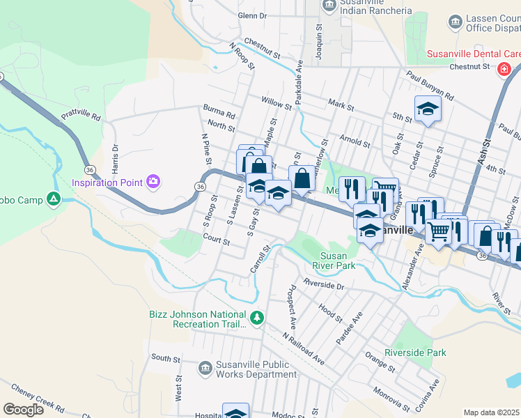 map of restaurants, bars, coffee shops, grocery stores, and more near 814 Cottage Street in Susanville