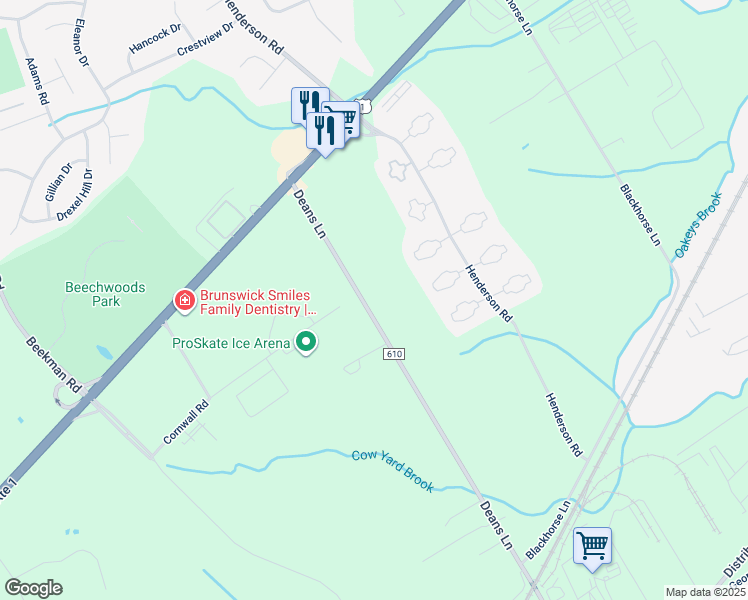 map of restaurants, bars, coffee shops, grocery stores, and more near 49 Deans Lane in South Brunswick Township
