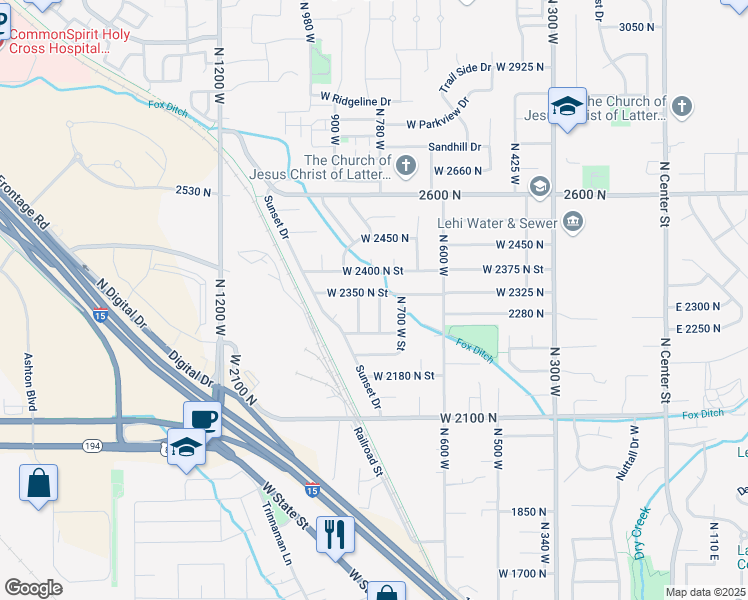 map of restaurants, bars, coffee shops, grocery stores, and more near 2343 North 750 West Street in Lehi