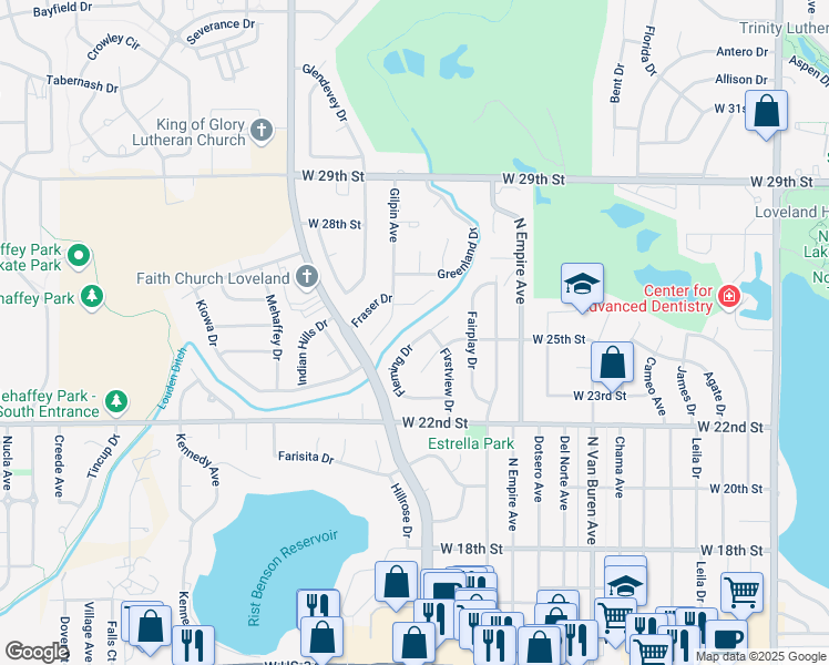 map of restaurants, bars, coffee shops, grocery stores, and more near 2515 Fleming Drive in Loveland