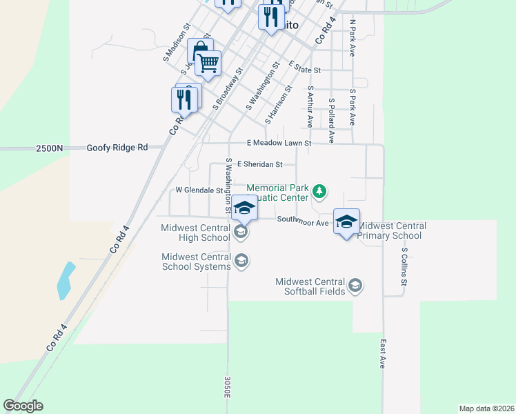 map of restaurants, bars, coffee shops, grocery stores, and more near 100 South Scott Court in Manito