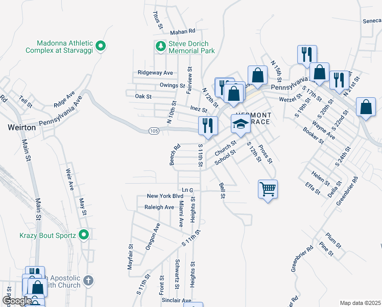 map of restaurants, bars, coffee shops, grocery stores, and more near 129 Pikeview Road in Weirton