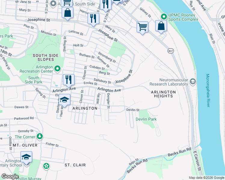 map of restaurants, bars, coffee shops, grocery stores, and more near 2935 Arlington Avenue in Pittsburgh