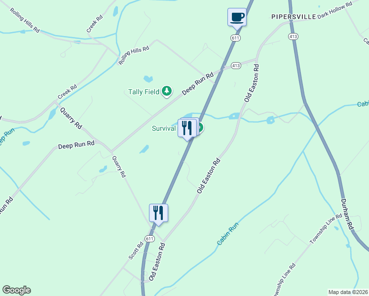 map of restaurants, bars, coffee shops, grocery stores, and more near 6784 Easton Road in Bucks County