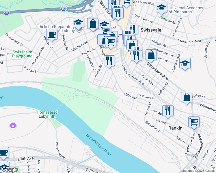 map of restaurants, bars, coffee shops, grocery stores, and more near 7311 Agnes Street in Pittsburgh
