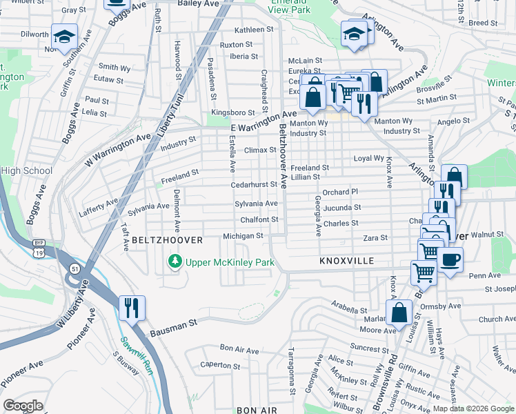 map of restaurants, bars, coffee shops, grocery stores, and more near 436 Sylvania Avenue in Pittsburgh