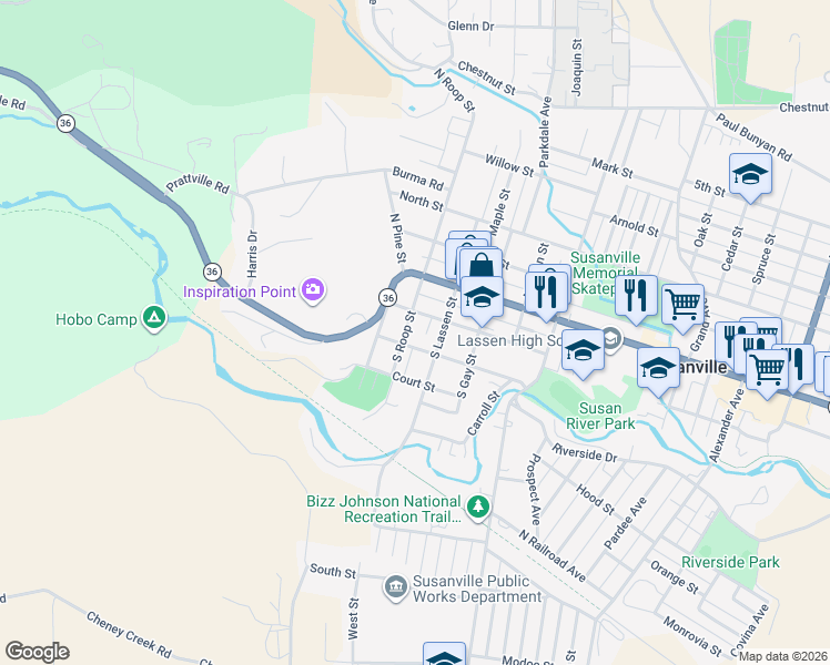 map of restaurants, bars, coffee shops, grocery stores, and more near 608 Cottage Street in Susanville
