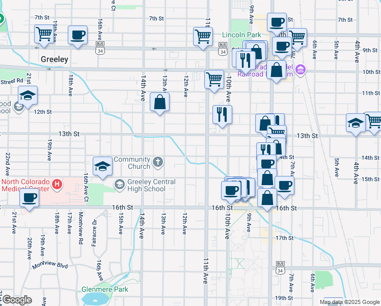map of restaurants, bars, coffee shops, grocery stores, and more near 1321 11th Avenue in Greeley
