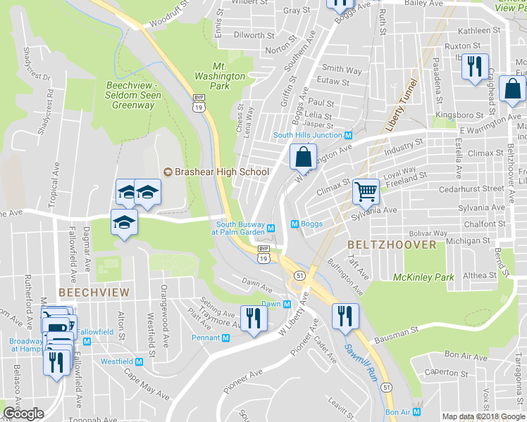 map of restaurants, bars, coffee shops, grocery stores, and more near 835 Boggs Avenue in Pittsburgh