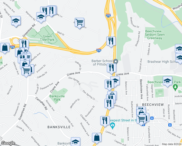map of restaurants, bars, coffee shops, grocery stores, and more near 1108 Crane Avenue in Pittsburgh