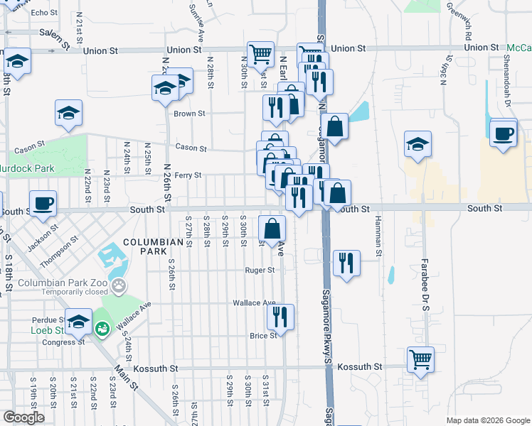 map of restaurants, bars, coffee shops, grocery stores, and more near 3023 South Street in Lafayette