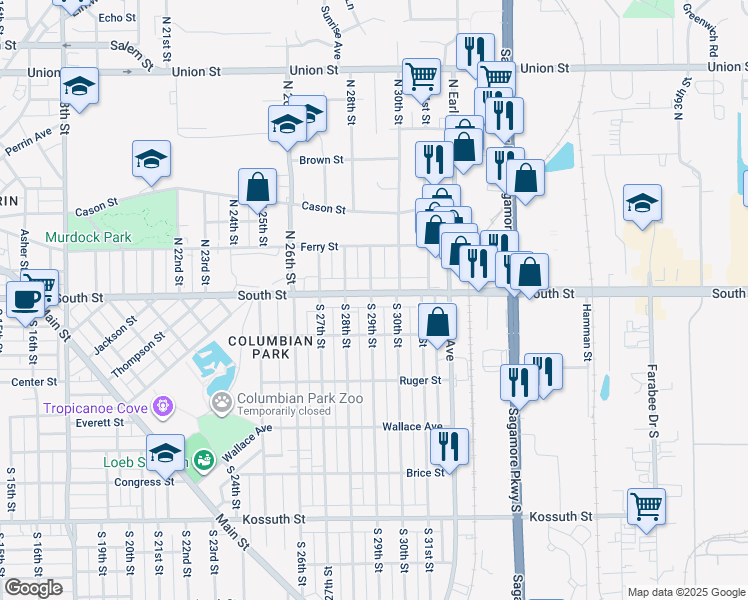 map of restaurants, bars, coffee shops, grocery stores, and more near 2915 South Street in Lafayette