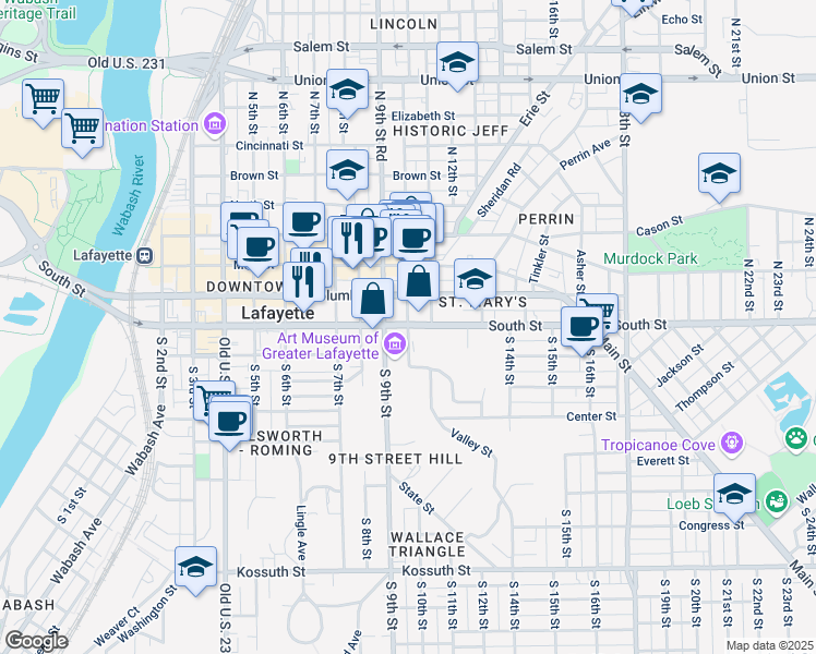 map of restaurants, bars, coffee shops, grocery stores, and more near in Lafayette