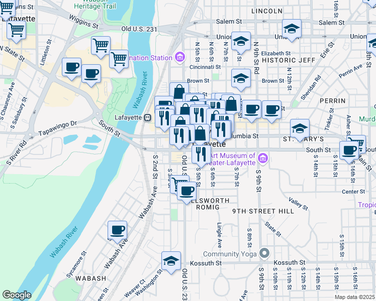 map of restaurants, bars, coffee shops, grocery stores, and more near 500E South Street in Lafayette