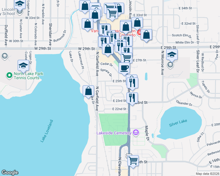 map of restaurants, bars, coffee shops, grocery stores, and more near 2319 Kirkview Drive in Loveland