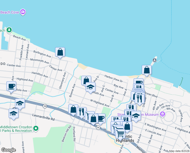 map of restaurants, bars, coffee shops, grocery stores, and more near 17 Avenue D in Atlantic Highlands