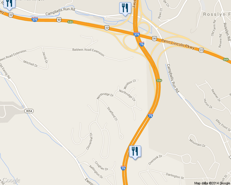 map of restaurants, bars, coffee shops, grocery stores, and more near 16 Northridge Circle in Carnegie