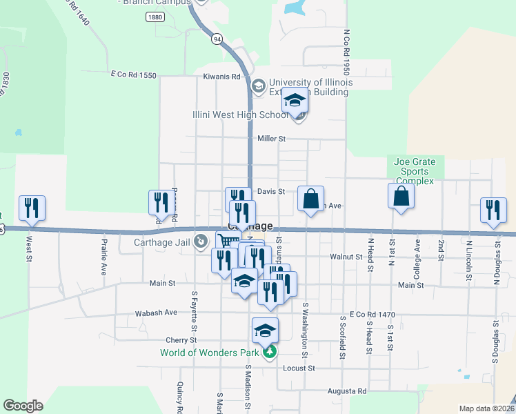 map of restaurants, bars, coffee shops, grocery stores, and more near 222 North Madison Street in Carthage