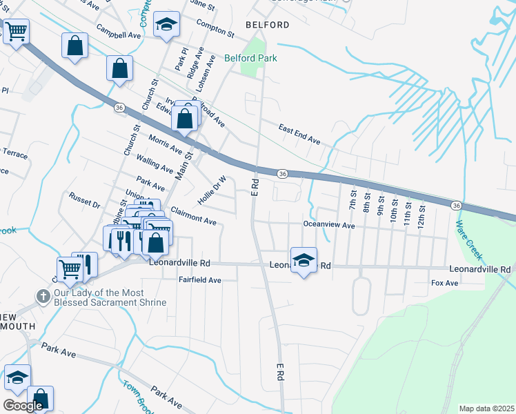 map of restaurants, bars, coffee shops, grocery stores, and more near 325 East Road in Belford