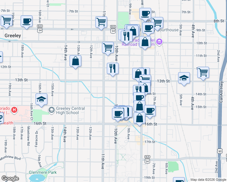 map of restaurants, bars, coffee shops, grocery stores, and more near 1019 14th Street in Greeley