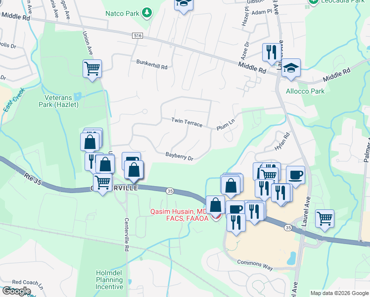 map of restaurants, bars, coffee shops, grocery stores, and more near 15 Green Leaf Way in Holmdel