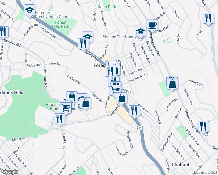 map of restaurants, bars, coffee shops, grocery stores, and more near 412 Kenmore Avenue in Pittsburgh